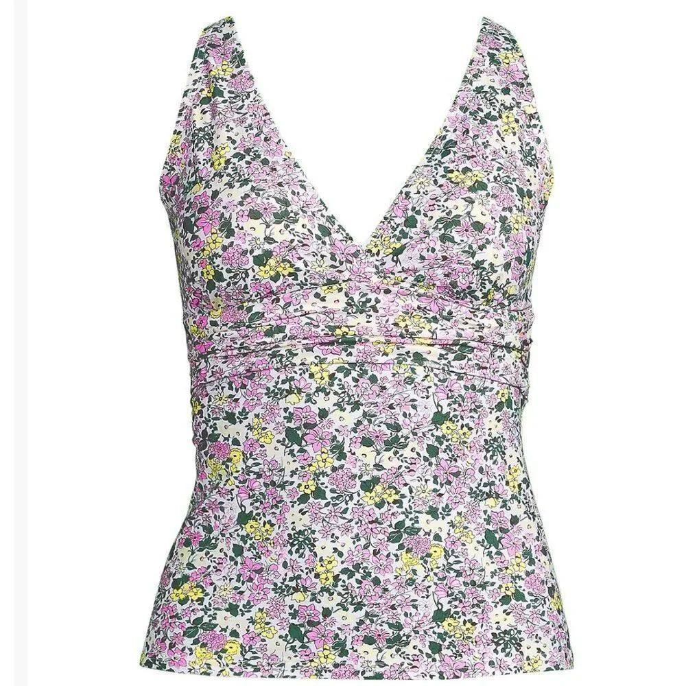 Land's End plunge V-neck X back tankini convertible strap white multi ditsy Var